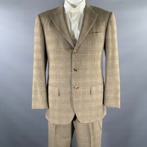 KITON Size 420 Brown Blue Plaid Wool Notch Lapel Suit